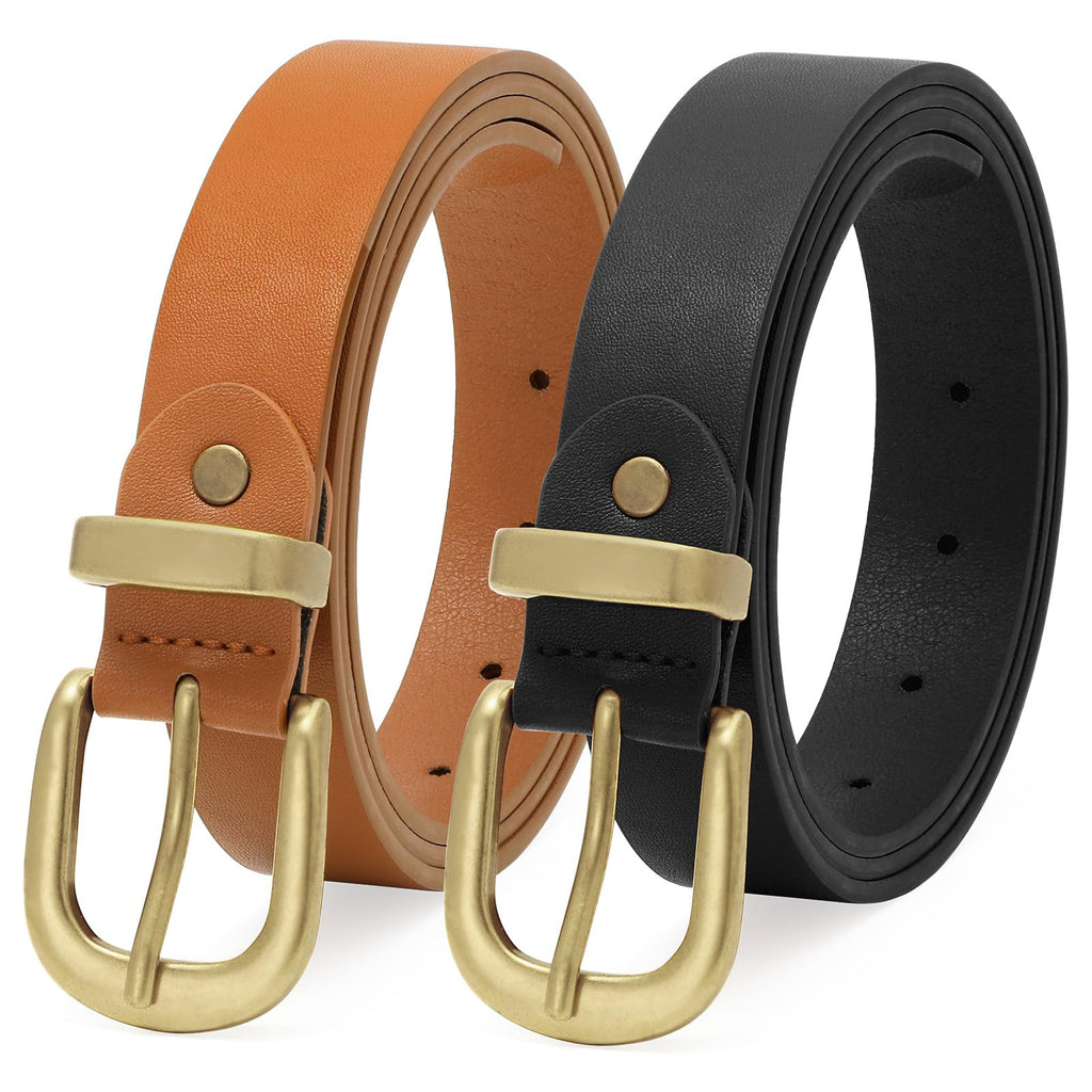 2 Packs Womens Belts for Jeans Ladies Belt for Dresses Fashion Leather Belt with Gold Buckle(Black+Brown)