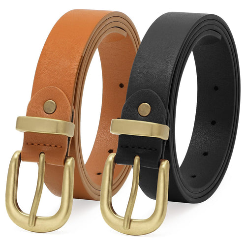 2 Packs Womens Belts for Jeans Ladies Belt for Dresses Fashion Leather Belt with Gold Buckle(Black+Brown)