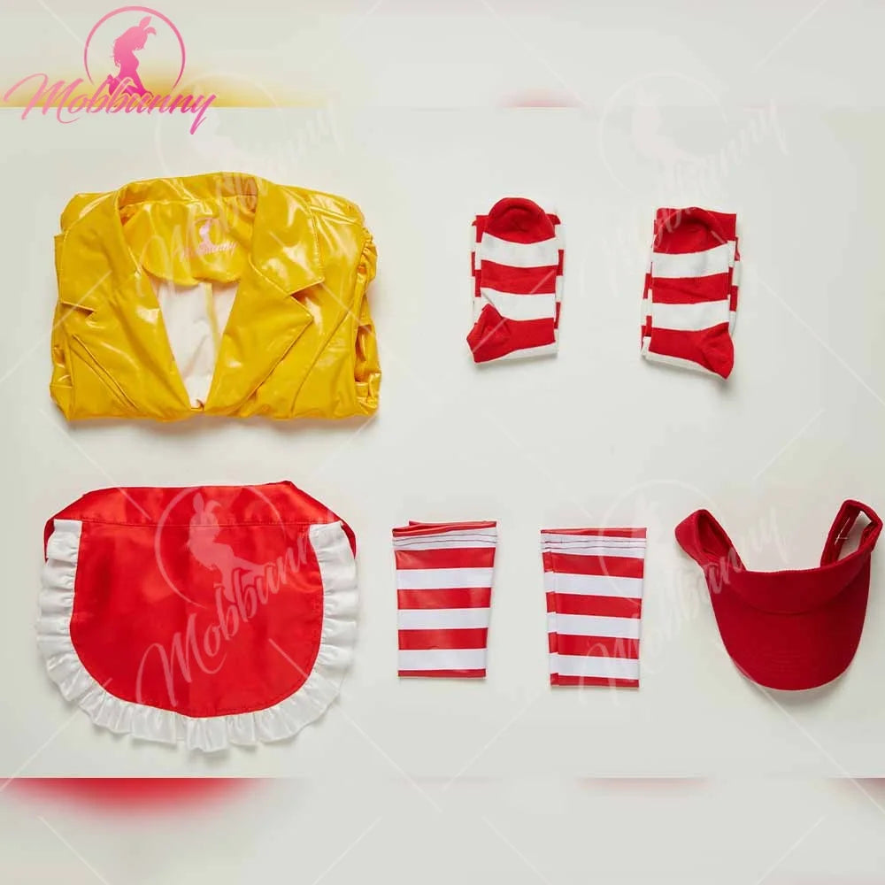 Mobbunny Women's Sexy Lingerie Maid Uniform Set Waitress Yellow Dress with Red Apron and Hat Halloween Cosplay Costume