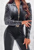 Velvet Jumpsuit with Zipper Belt
