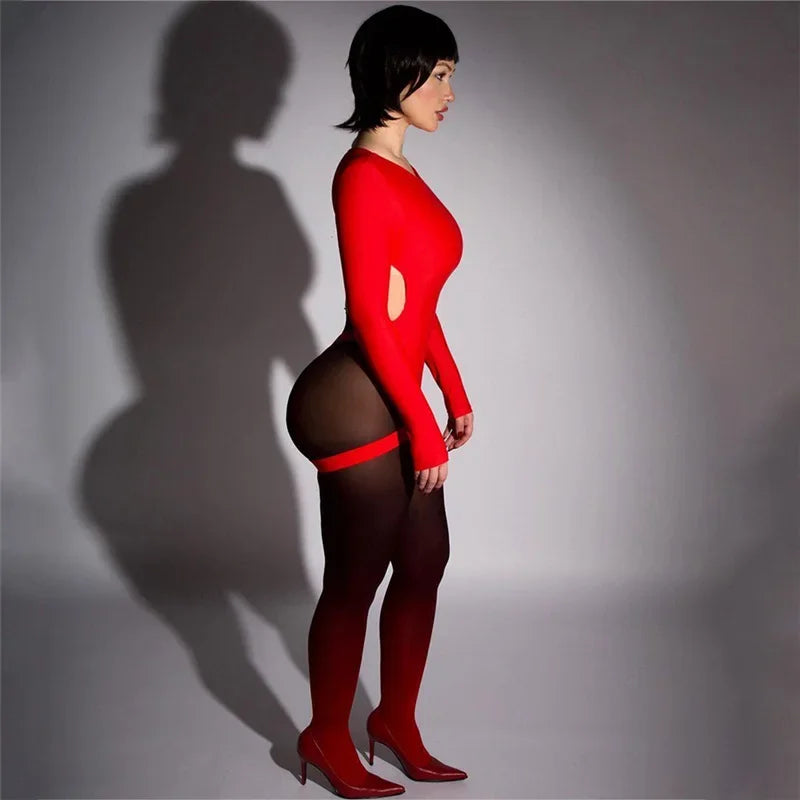 Women Night Club Bodysuit Crew Neck Long Sleeve Backless Solid Color Jumpsuit Sexy Skinny Bodycon Sleepwear