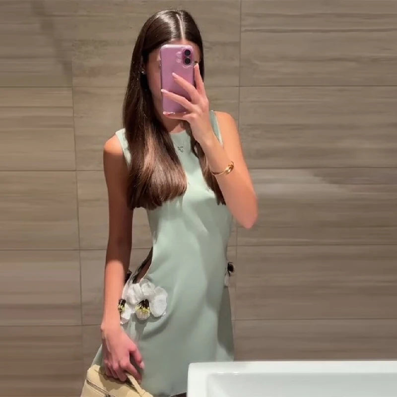 Women's Elegant 3d Flower Sleeveless Mini Dress Lady Light Green Vacation Party Dresses Stylish Female New Trend Summer Clothes