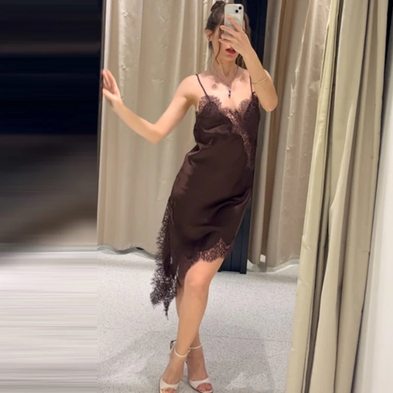 HXAO Womens Dresses Lace Asymmetric Slip Dress Summer 2025 Sexy Evening Dresses Ladies Mini Brown Sleeveless Backless Vestidos