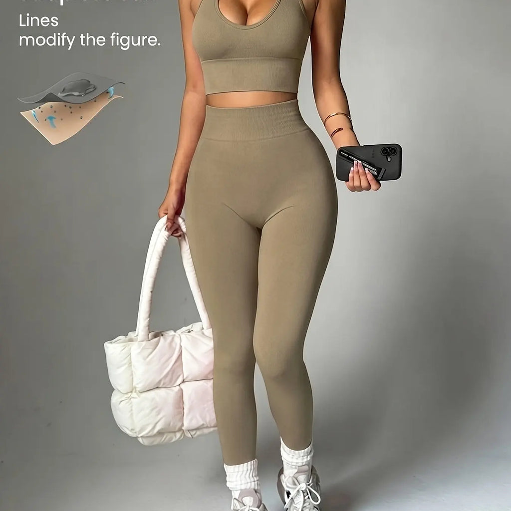 2pcs Solid Color Fashionable Versatile Women's Sportswear Set, Sexy Halter-neck Sports Tank Top + High-waisted Leggings,