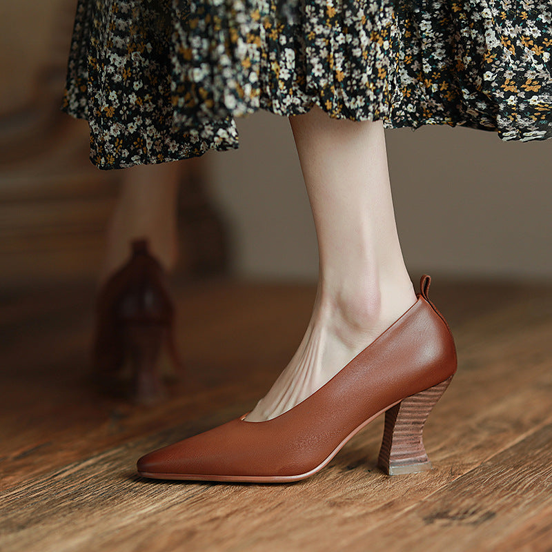 Leather Wood Grain Chunky Heel Retro Shoes for All Seasons