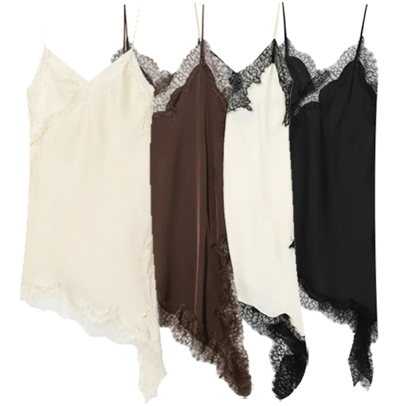 HXAO Womens Dresses Lace Asymmetric Slip Dress Summer 2025 Sexy Evening Dresses Ladies Mini Brown Sleeveless Backless Vestidos