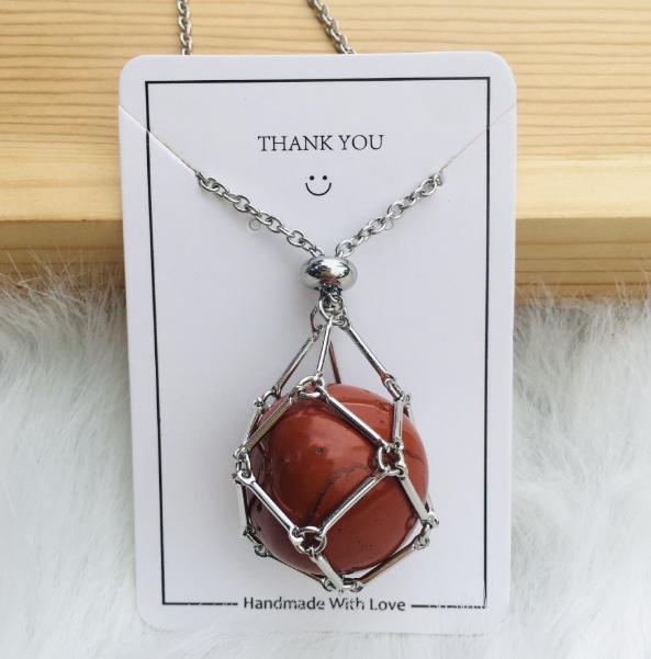 Medium Natural Crystal Net Metal Bamboo Necklace (One)