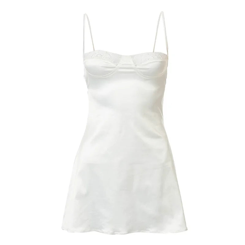 Women's Sexy Lace Patchwork Satin Dress Low-cut Sleeveless Backless Hollow-Out A-line Mini Dresses Sleepwear Y2K Streetwear