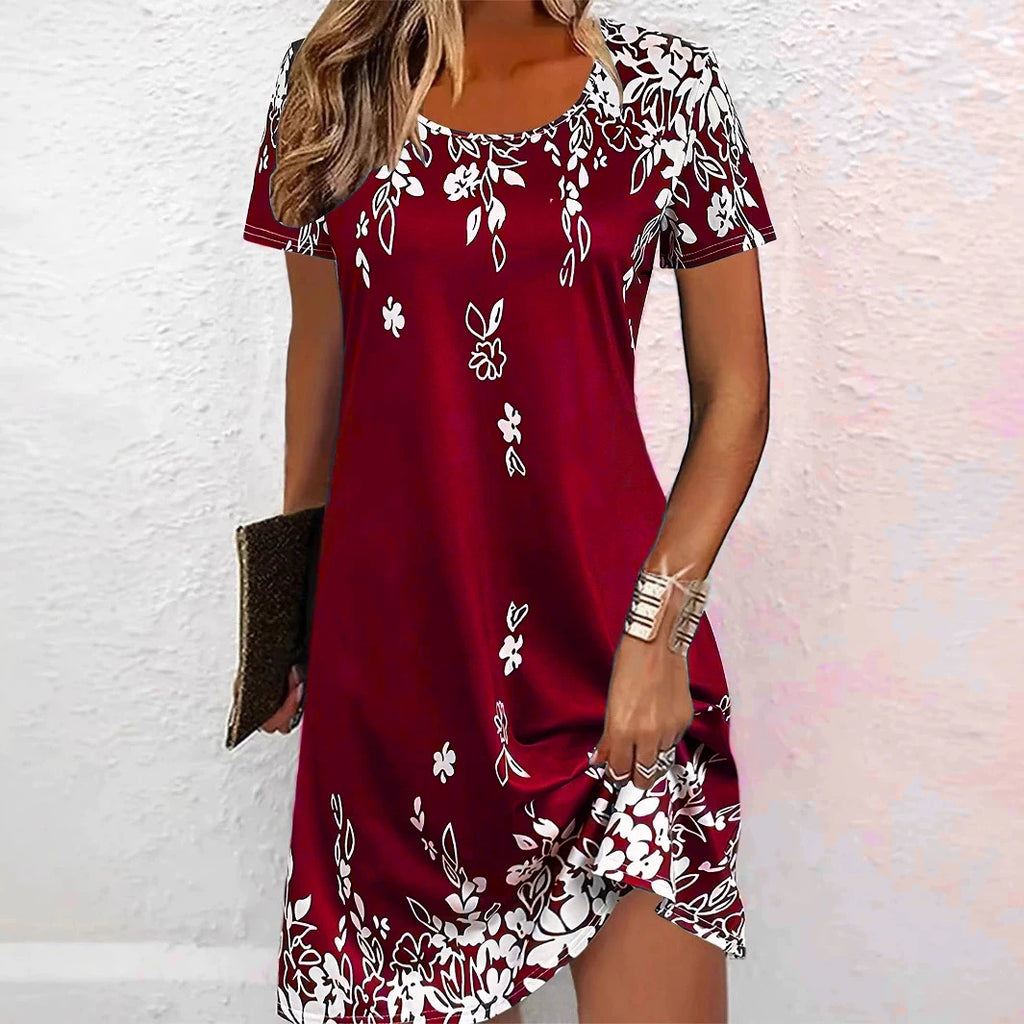 Elegant Floral Pattern Women Mini Dresses Summer Short Sleeve Street 3d Flower Printed Ladies Dress 3XL Plus Size Casual Dress