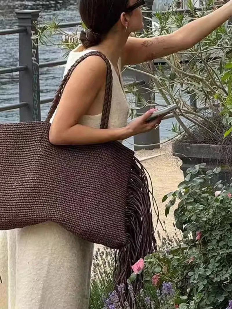 Casual Tassel Woven Women Shoulder Bags Handmade Fringe Lady Handbags Summer Beach Large Tote Bag Big Shopper Purse for Vacation