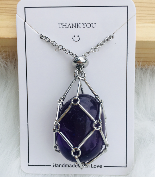 Medium Natural Crystal Net Metal Bamboo Necklace (One)