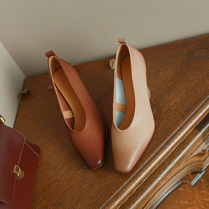 Leather Wood Grain Chunky Heel Retro Shoes for All Seasons