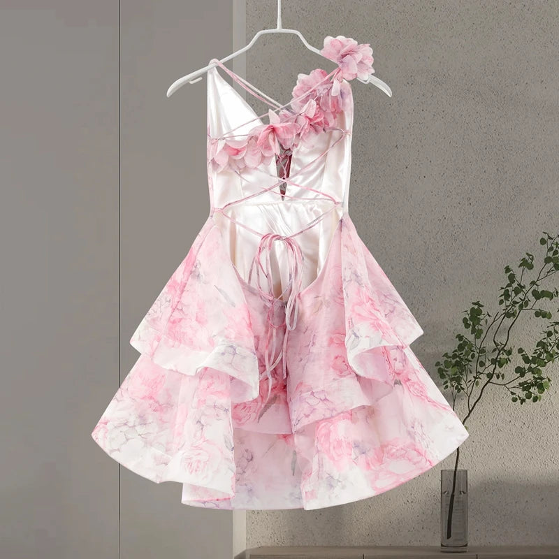 Chic Floral Printed Mini Dress Backless Sleeveless Hem Stacking Dresses Sweet A Line Vestidos 2025 New Lady Party Club Clothing