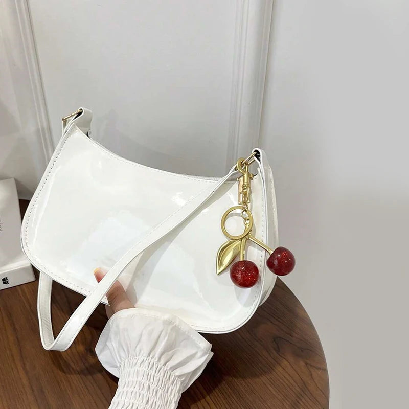 Vintage Retro Shoulder Bag for Women PU Leather Underarm Crossbody Ladies Casual Handbag Purse with Cherry Pendant