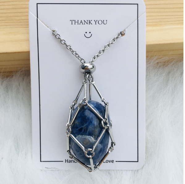 Medium Natural Crystal Net Metal Bamboo Necklace (One)