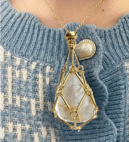 Medium Natural Crystal Net Metal Bamboo Necklace (One)