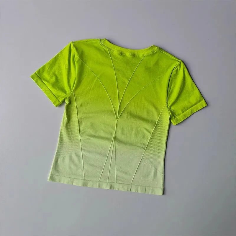 Women's Seamless Yoga Shirt Short Sleeve Crop Top Fitness Gradient Sport T-shirts Workout Gym Clothes for Running