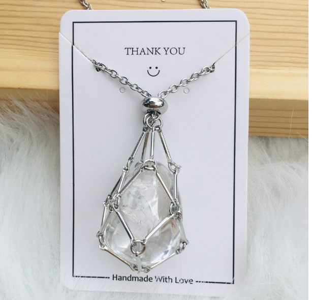 Medium Natural Crystal Net Metal Bamboo Necklace (One)