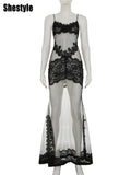 Shestyle Embroidery Flower Mesh Transparent Flare Long Dress Women Spaghetti Strap Sheer 2025 New Design Outfits Prom Nightwear
