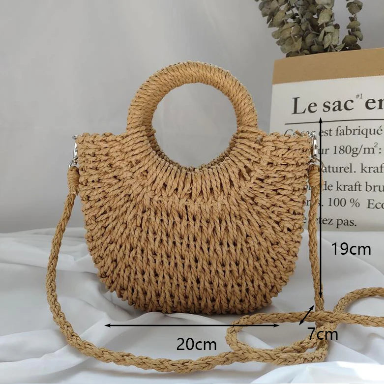 Summer Handmade Bags for Women Beach Weaving Ladies Straw Bag Wrapped Beach Bag Moon shaped Top Handle Handbags Totes