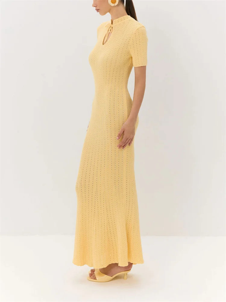 Tossy Knit Hollow Out Lace-Up Dress Female Ribbed Short Sleeve Patchwork High Waist Elegant Long Dress Women's Knitwear Dress