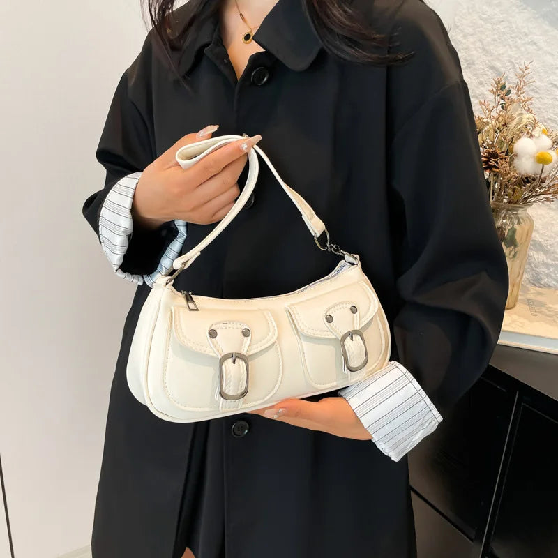 Fashion Pu Leather Women's Shoulder Bag Small Double Pocket Design Ladies Underarm Bags Y2k Vintage Female Handbags Clutch Purse