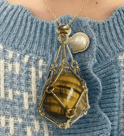 Medium Natural Crystal Net Metal Bamboo Necklace (One)