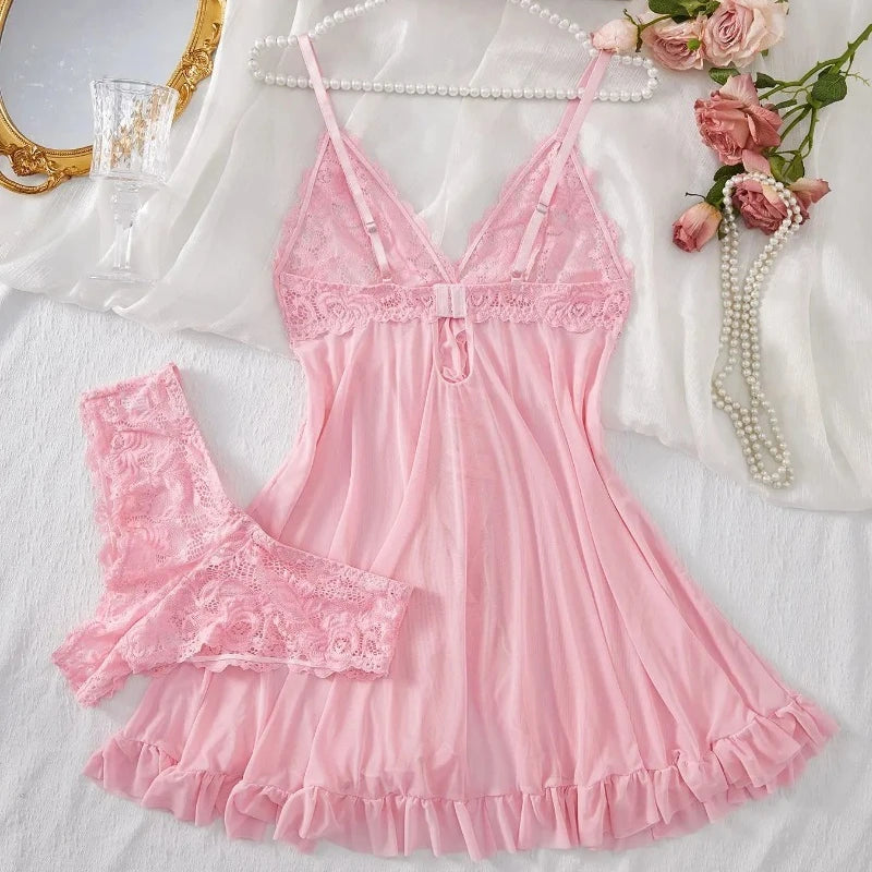 Sexy Lingerie Set Women Erotic Bra Nightdress Sexy Lace Sleepwear Solid Slim Soft Dresses V Neck Full Slip Sleepwear & Dresses