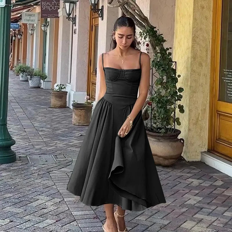 Summer Women Elegant Sleeveless Backless Pleated Dresses Lady Sexy Solid Sling Midi Dress 2024 Female Party Evening A-line Robes