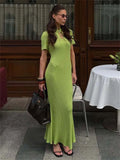 Tossy Knit Hollow Out Lace-Up Dress Female Ribbed Short Sleeve Patchwork High Waist Elegant Long Dress Women's Knitwear Dress