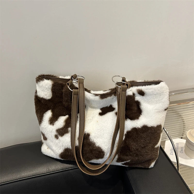 Large Capacity Shopper Bags For Women Winter Travel Tote Bag Cow Printing Plush Shoulder Bag Ladies Handbag Designer Bolsos