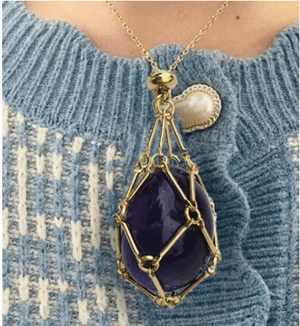 Medium Natural Crystal Net Metal Bamboo Necklace (One)