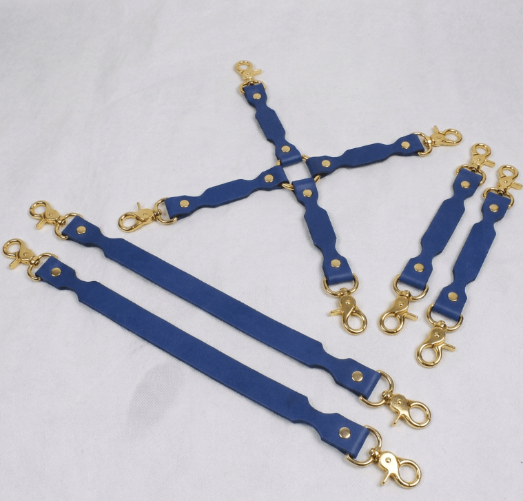 BDSM Restraint Connector Set Blue Leather with Heart Rings