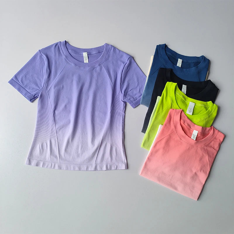 Women's Seamless Yoga Shirt Short Sleeve Crop Top Fitness Gradient Sport T-shirts Workout Gym Clothes for Running