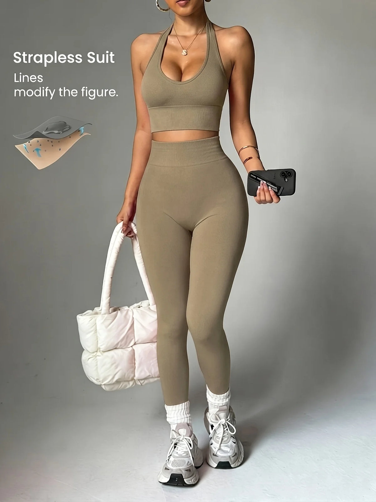 2pcs Solid Color Fashionable Versatile Women's Sportswear Set, Sexy Halter-neck Sports Tank Top + High-waisted Leggings,