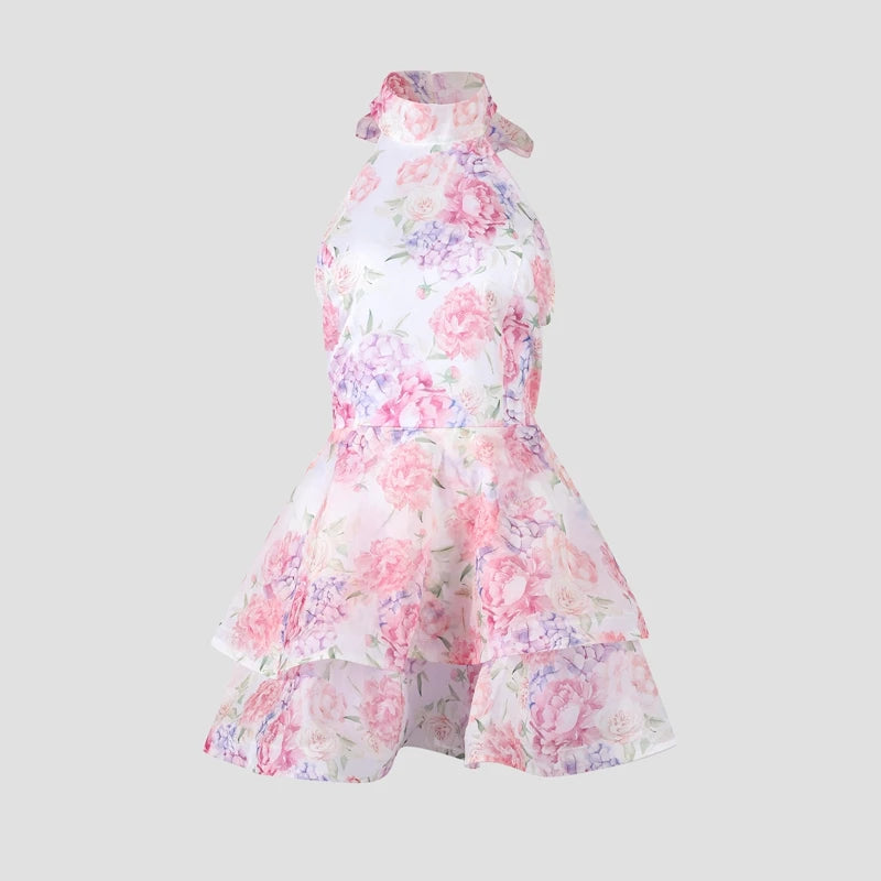 Chic Floral Printed Mini Dress Backless Sleeveless Hem Stacking Dresses Sweet A Line Vestidos 2025 New Lady Party Club Clothing