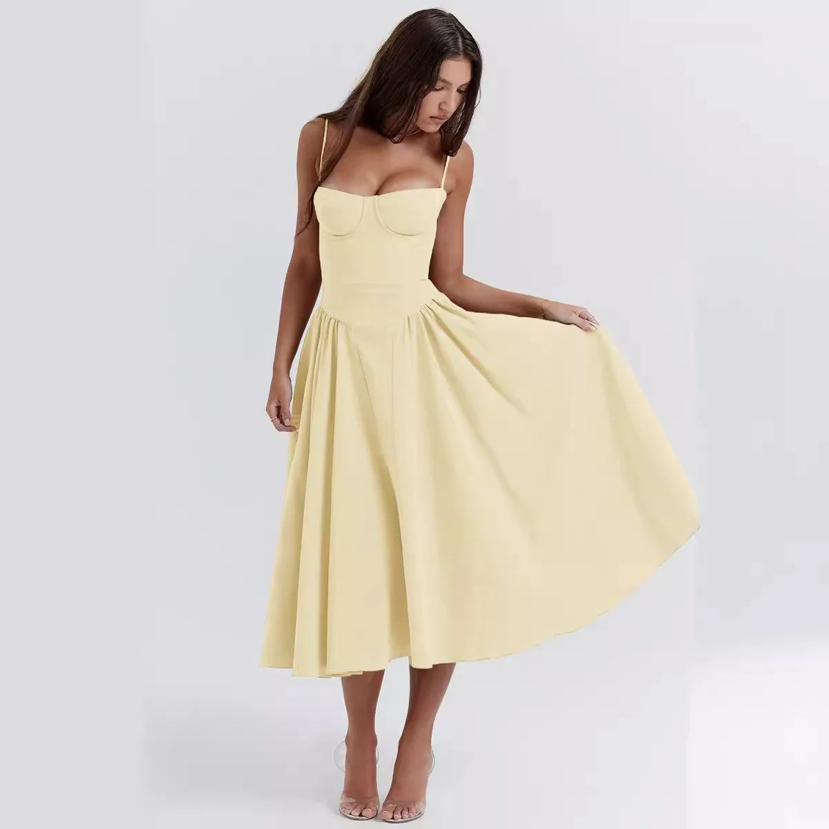 Summer Women Elegant Sleeveless Backless Pleated Dresses Lady Sexy Solid Sling Midi Dress 2024 Female Party Evening A-line Robes