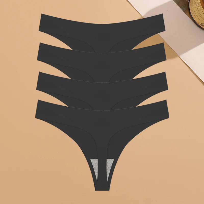 4PCS Ultra-thin Seamless Underwear Women's Invisible Panties Sexy Ice Silk Thongs Low Waist Breathable Bikini Stretchy Lingerie