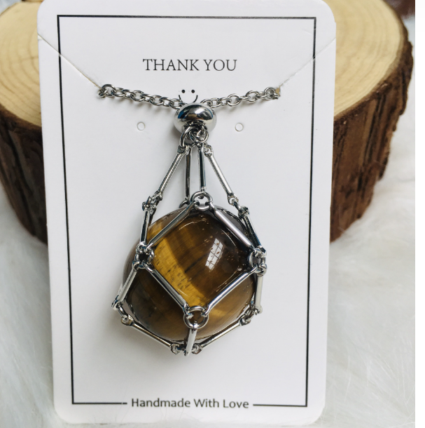 Medium Natural Crystal Net Metal Bamboo Necklace (One)