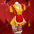 Mobbunny Women's Sexy Lingerie Maid Uniform Set Waitress Yellow Dress with Red Apron and Hat Halloween Cosplay Costume
