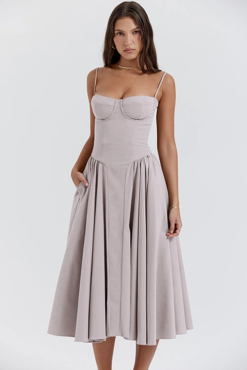 Summer Women Elegant Sleeveless Backless Pleated Dresses Lady Sexy Solid Sling Midi Dress 2024 Female Party Evening A-line Robes