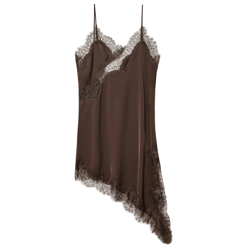 HXAO Womens Dresses Lace Asymmetric Slip Dress Summer 2025 Sexy Evening Dresses Ladies Mini Brown Sleeveless Backless Vestidos