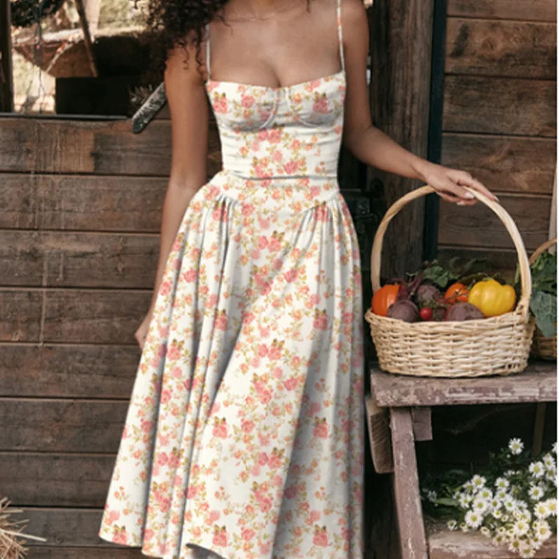 Summer Women Elegant Sleeveless Backless Pleated Dresses Lady Sexy Solid Sling Midi Dress 2024 Female Party Evening A-line Robes