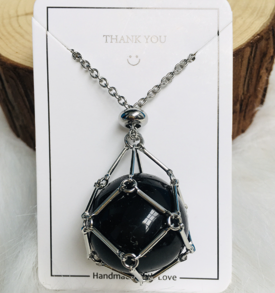 Medium Natural Crystal Net Metal Bamboo Necklace (One)